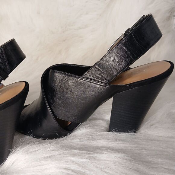 NINE WEST BLACK LEATHER OPEN TOE HEELS W/ CROSS OVER BUCKLE STRAP SIZE 8 1/2 - Picture 6 of 16